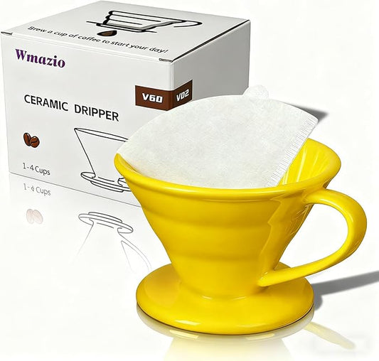 Pour Over Coffee Dripper - Ceramic Pour Over Cone, Porcelain Coffee Maker with 10Pcs Size 02 Paper Filter, Manual Brew Maker for Home, Cafe, Office - 1-4Cup, V60 Size 02 (Yellow)