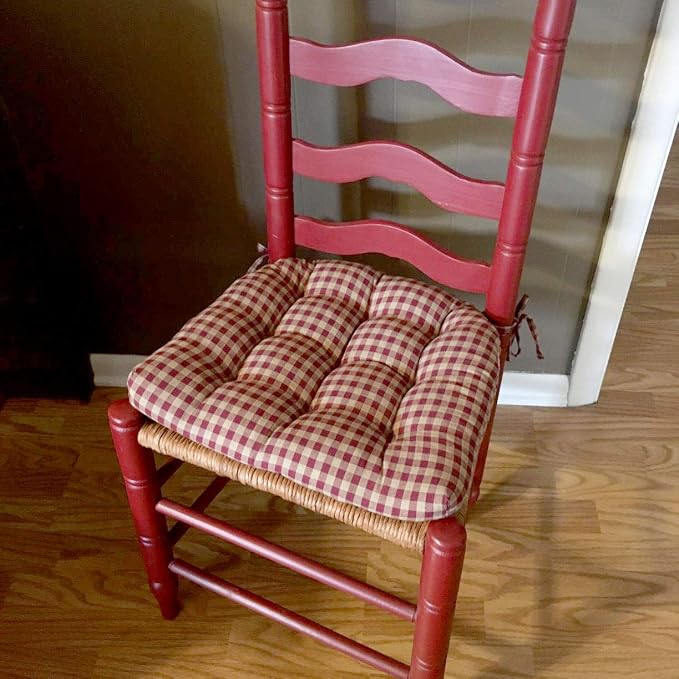 Barnett Home Decor Farmhouse Check Dark Red & Tan Dining Chair Pad with Ties - Latex Foam Fill - 100% Cotton, Made in USA - Machine Washable, Reversible (Red-Tan, Small) - Image 2