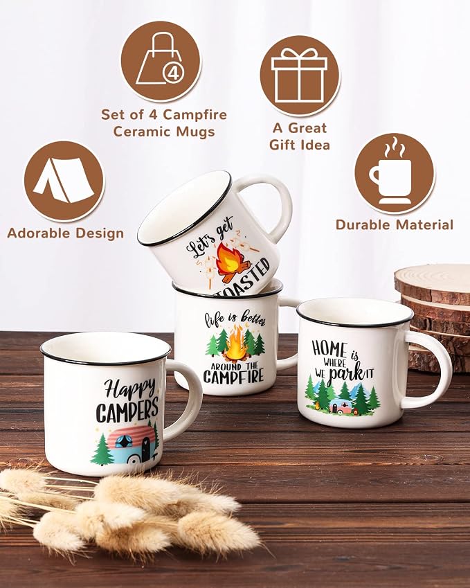 Nefelibata Camping Gifts Ceramic Coffee Mug Set of 4 Happy Campers Tea Cups | Travel Holiday Campfire Coffee Cup for Coffee, Tea & Hot Cocoa Outdoor Anniversary Wedding Christmas Camping Lover Gifts - Image 4