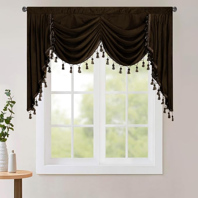 Luxury Brown Waterfall Swag Tier Curtains W59 inches, 1 Panel | Kitchen Half Window, Light Blocking Privacy Sliding Door Decor for Living Room, Rod Pocket by StangH