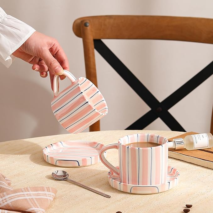 Hand-Painted Ceramic Coffee Mug and Saucer Set, 8 oz Artisan Striped Porcelain Espresso Cup, Decorative Tea Cup with Large Handle for Home, Office,Pink - Image 6