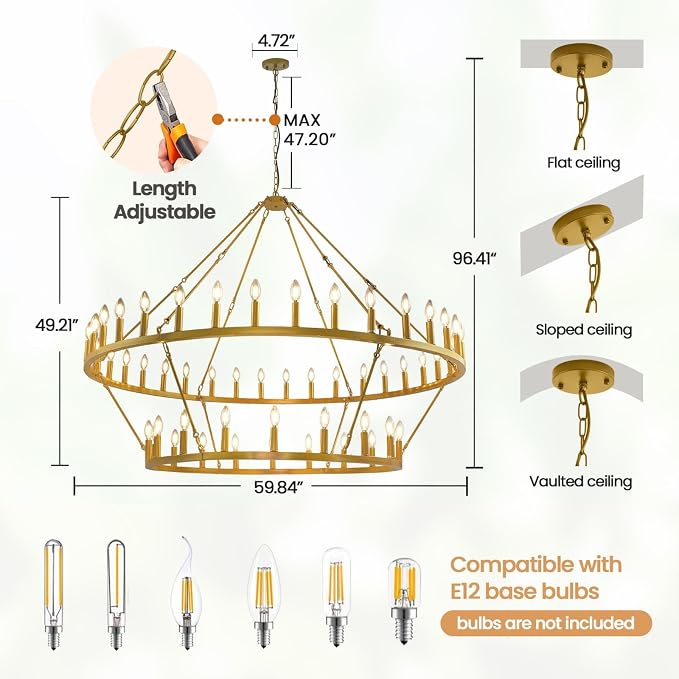 60 Inch Gold Wagon Wheel Chandelier,2 Tier 54-Lights Farmhouse Chandelier for Living Room,Round Rustic Dining Room Light Fixture,Extra Large Foyer Chandeliers for High Ceilings,for Staircase,Entryway - Image 3