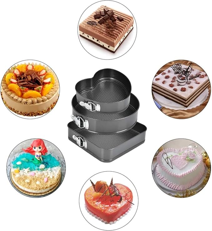 Springform Cake Pan Set of 3 (7, 8, 9 Inch) Heart Round Square Leakproof Nonstick Cheesecake Pans with Removable Bottom Carbon Steel Bakeware - Image 7