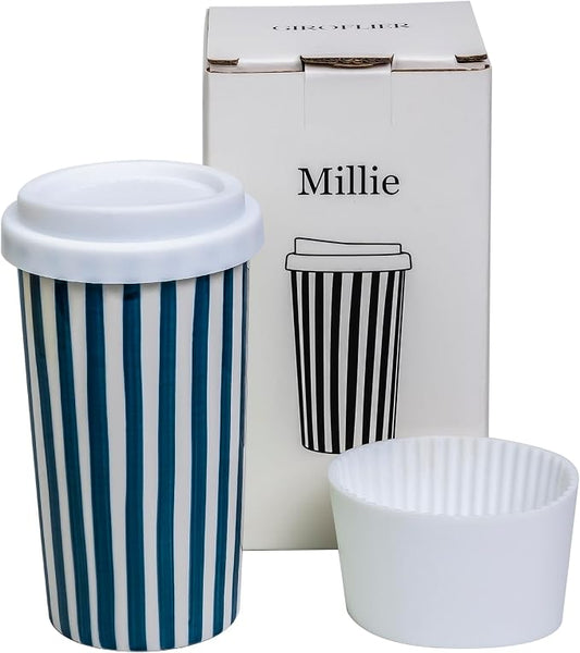 Ceramic Travel Mug with Lid (12 oz) – Cute Aesthetic Coffee Cup for Women & Men, Microwave & Dishwasher Safe, Spill-Resistant To Go Tumbler, Fits Car Cup Holder (Blue) by Giroflier