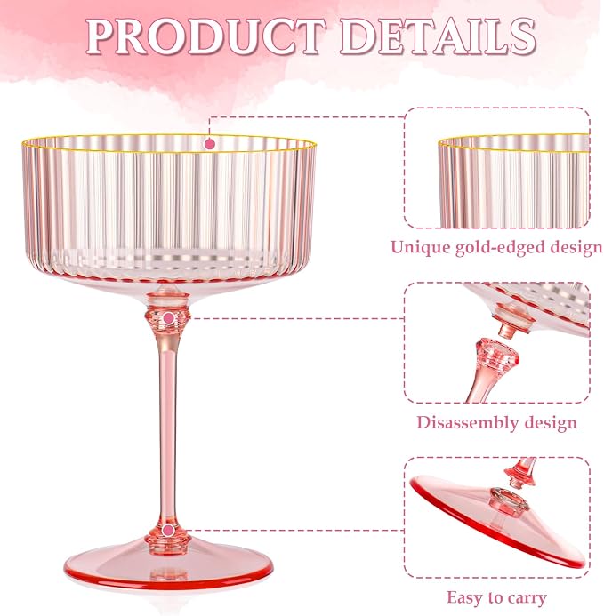 12 PCS Ribbed Coupe Glasses Pink Plastic Champagne Coupe Cup 10oz Detachable Gold Rim Espresso Martini Glass Vintage Margarita Glassware Cocktail Glass for Wedding Bachelorette Party - Image 3