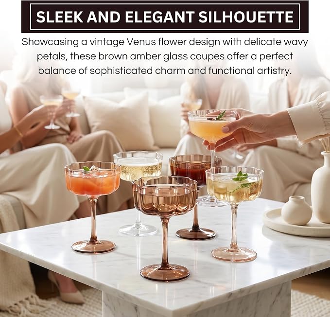 Venus Flower Scalloped Vintage Wavy Petals Wave Glass Coupes 7oz Colorful Martini, Champagne & Cocktails, 6 Set Brown Amber Shades Rippled Champagne Glasses, Elegant Bar Glassware, Aesthetic Coupe - Image 3