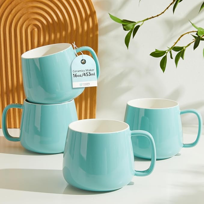 Teocera 16oz Ceramic Coffee Mugs Set of 4 – Stackable Latte Cups, Microwave, Dishwasher & Oven Safe – Ideal for Coffee, Cappuccino, Hot Chocolate, Housewarming Gifts, Turquoise by Teocera