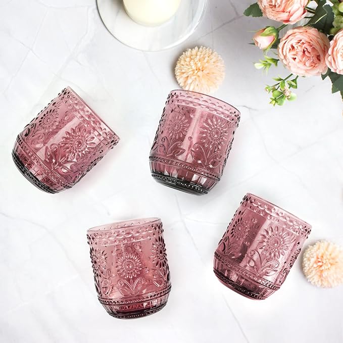 Topsky Vintage Drinking Glass Set of 4,12 oz Embossed Floral Drinkware Set,Pink Purple Drinking Glasses Cups Wine Glasses Colored Glassware for Whisky,Beer,Juice,Cocktail,Heavy Duty - Image 2