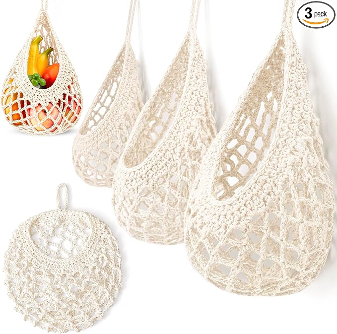 Honeydak Boho Decor Hanging Wall Baskets for Kitchen 3 Pack Teardrop Baskets with Hooks Storage Fruit Onion Vegetable Potato for Home 3 Sizes (White,Crochet,Cotton Rope) by Honeydak