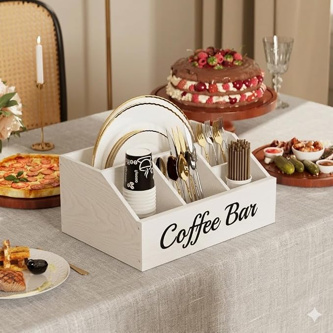Coffee Station Organizer for Countertop – Wooden Coffee Bar Organizer with Adjustable Dividers,Holds K Cup Pod & syrup bottles, for Kitchen, Office, or Bar and Tea Station, White - Image 5