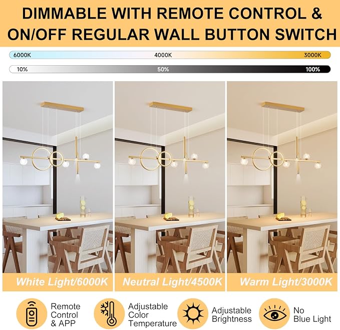 ORANOOR LED Gold Chandeliers, 47in Dimmable Modern Chandelier Pendant Light | Linear Ring Globe Pendant Lights Fixtures Gold Dining Room Light Fixture Ceiling Hanging for Kitchen Island Dining Room - Image 3