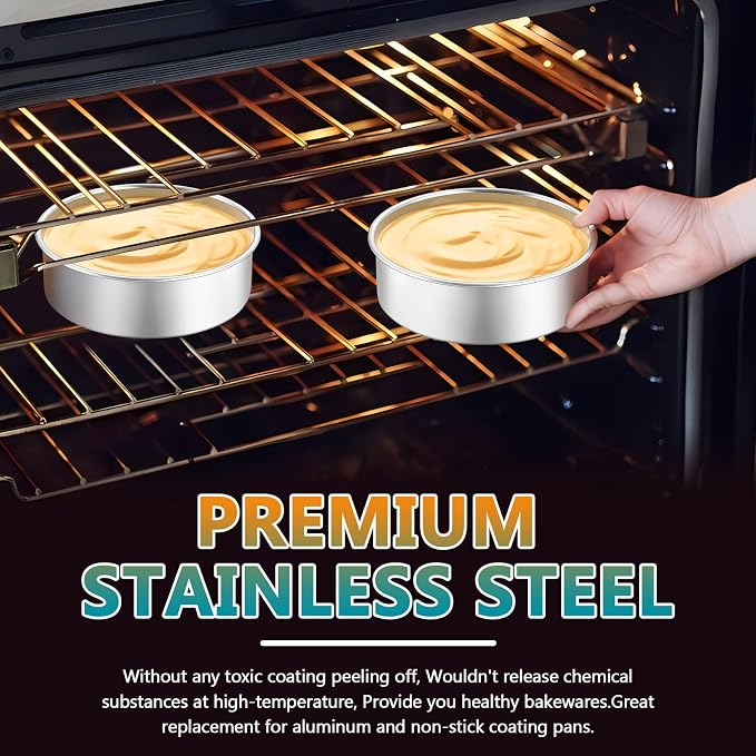 P&P CHEF 5 Inch Cake Pan Set of 2, Stainless Steel Round Baking Cake Pans | For Baking Serving, Non Toxic & Healthy, Leak-proof & Easy Clean, Mirror Finish & Easy Releasing, Oven & Dishwasher Safe - Image 3