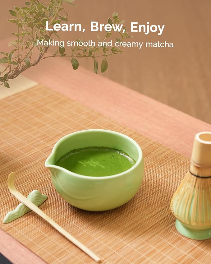 Maestri House Matcha Whisk Set, 7-Pc Complete Matcha Kit with Spouted Ceramic Bowl, Bamboo Whisk and Holder, Scoop, Spoon Rest & Sifter, Tea Cloth – Ideal Gift for Matcha Lovers (Green)