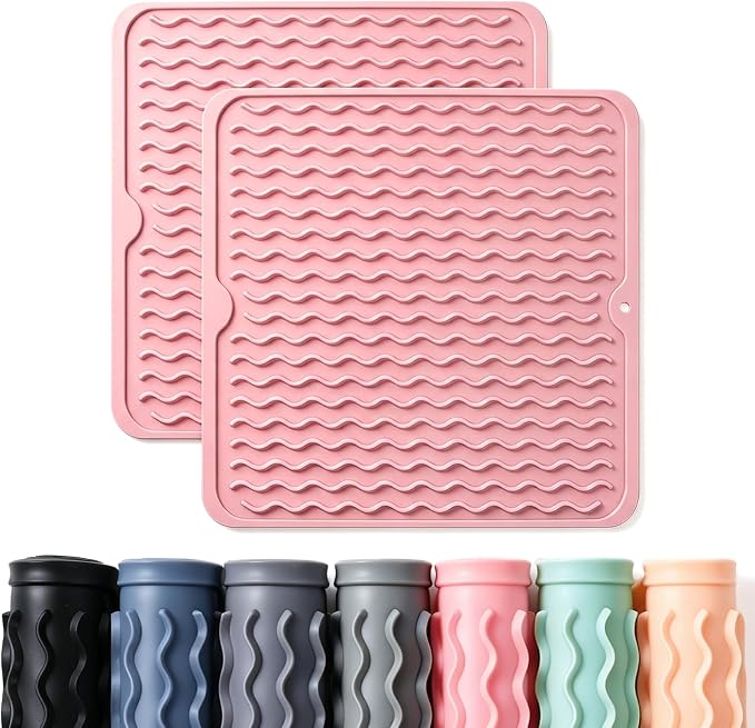 2 Pack Caketime Silicone Dish Drying Mat for Kitchen Counter Cooking Baking Liners Drawer Storage Refrigerator Espresso Machine Station Utensil Holder Washer Trivets Oven Grill Gifts 12"x12" Pink by CAKETIME