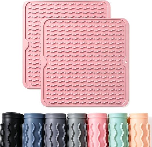 2 Pack Caketime Silicone Dish Drying Mat for Kitchen Counter Cooking Baking Liners Drawer Storage Refrigerator Espresso Machine Station Utensil Holder Washer Trivets Oven Grill Gifts 12"x12" Pink by CAKETIME