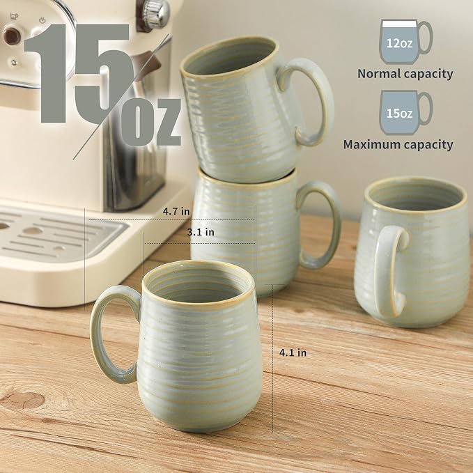 HASENSE Porcelain Coffee Mugs Set of 4, 15 Oz Reactive Glaze Coffee Cups with Handle, Large Tea Cup for Latte, Cappuccino & Hot Chocolate, Dishwasher & Microwave Safe, Sage Green - Image 3