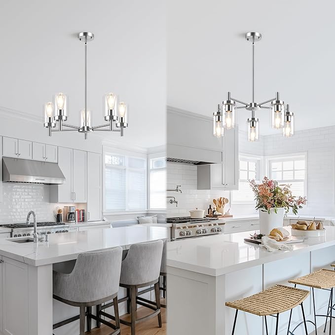 5 Lights Brushed Nickel Modern Farmhouse Chandelier for Dining Room with Glass Shade, Pre-Wired Height Adjustable Pendant Ceiling Lighting Fixture for Dining Living Room Bedroom Kitchen Foyer - Image 7