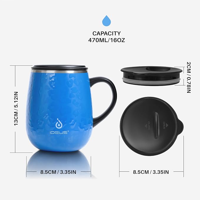 Ideus 16 oz (470 ml) Insulated Coffee Mug with Handle and Lid, Double Wall Stainless Steel Vacuum Thermal Coffee Mug, Travel Coffee Cup Thermal Cup for Home and Office (Leopard Blue) - Image 5