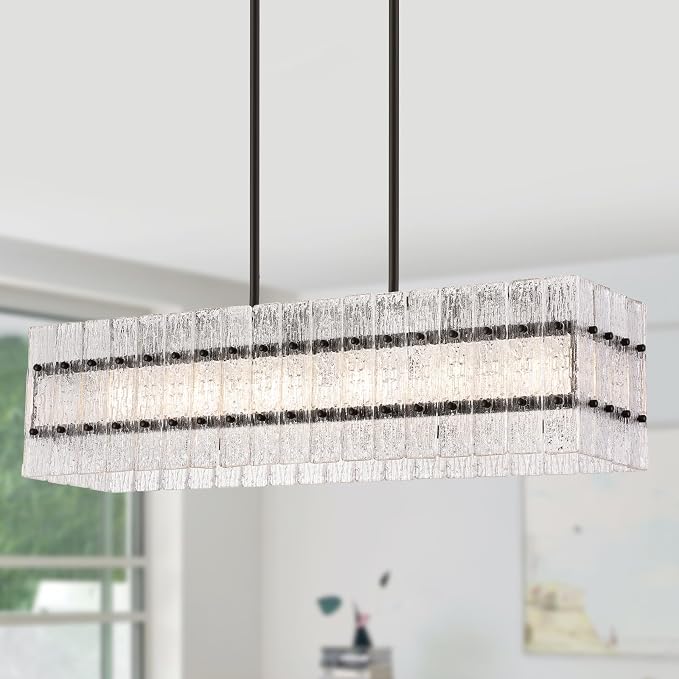 Modern Black Rectangle Water Ripple Glass Chandelier 6 Lights for Dining Room Kitchen Island Bar Living Room UL Listed L39.4 in by MEIXISUE