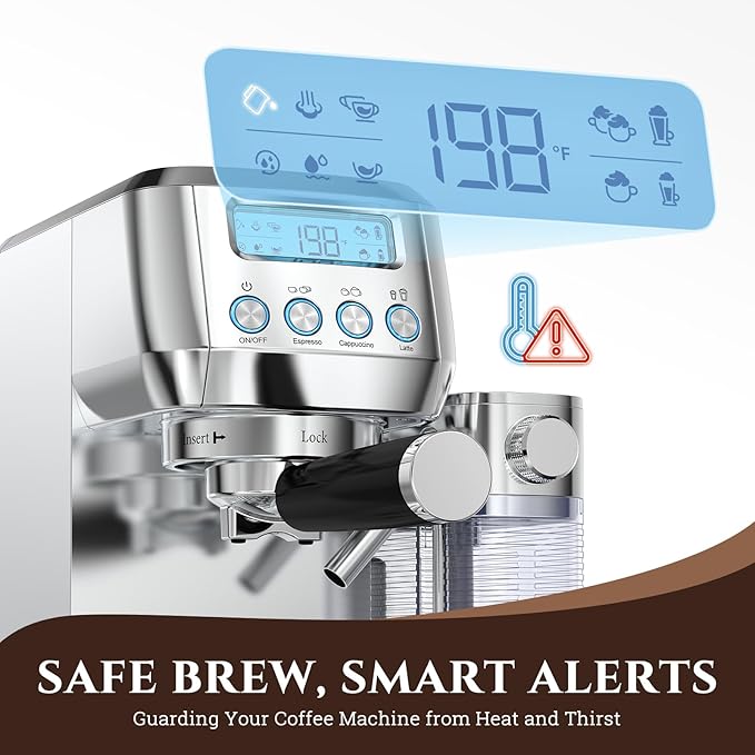 AMZCHEF Espresso Machine with LCD Display, 20 Bar Cappuccino Machines with Upgraded Automatic Milk Frother for Home Gifts, Latte Coffee Maker with Dual Wall & Filters, Sliver