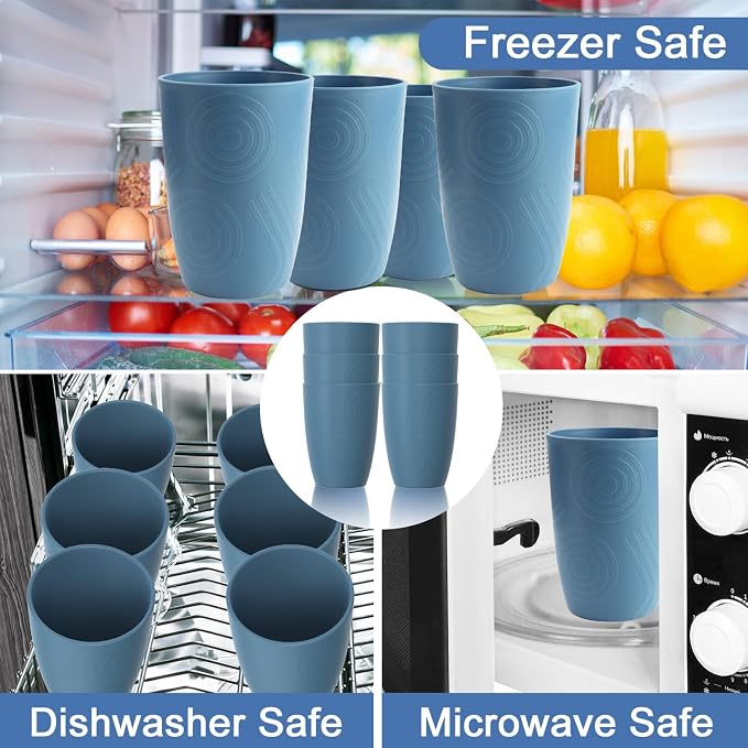 16oz Plastic Drinking Glasses, Wheat Straw Cups Set of 6 - Unbreakable & Stackable Kitchen Cups, Reusable Plastic Cups, Dishwasher Safe Water Tumbler for Party, Camping - Blue - Image 5