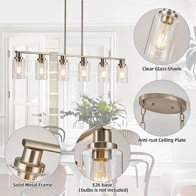Dining Room Light Fixtures Over Table,6-Light Farmhouse Kitchen Island Lighting,44.3'' Linear Chandelier Pendant Lighting for Kitchen Island for Brushed Nickel Finish with Clear Glass Shade - Image 5