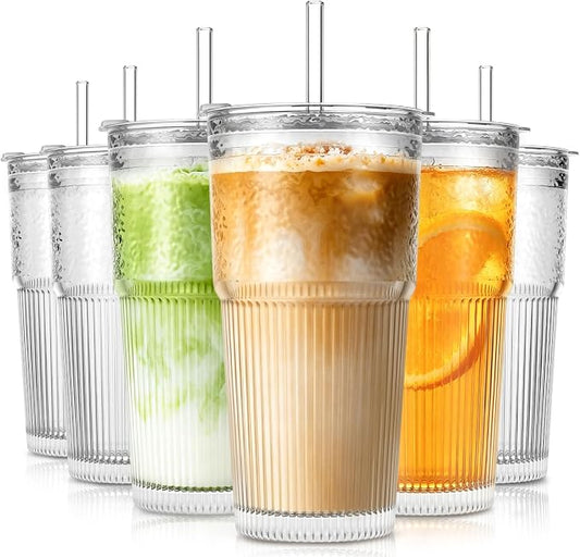 SoulTimes 20oz Wave Ribbed Glass Tumbler with Lid and Straw – Iced Coffee Glasses Cups for Smoothie, Matcha, Juice, Water etc. Leakproof and Reusable Glassware Drinking for Daily & Travel To Go [6Pcs] by SoulTimes