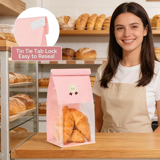 Funcoo 50 Bakery Bags with Window, 5.1x3.9x11 Inches Paper Bread Bags, Tin Tie Tab Lock Cookie Bags Food Storage Bag for Snacks, Popcorn, Candies, 60 pcs Stickers Included - Image 5