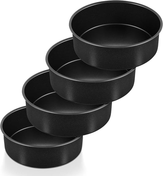 P&P CHEF 6 Inch Cake Pan Set, Non-stick Baking Pans for Cake, 4Pcs | Round Cake Baking Tins for Tier Smash Cakes, Bread, Non-Toxic & Solid, Stainless Steel Core & Leak-Proof, Black by PPCHEF