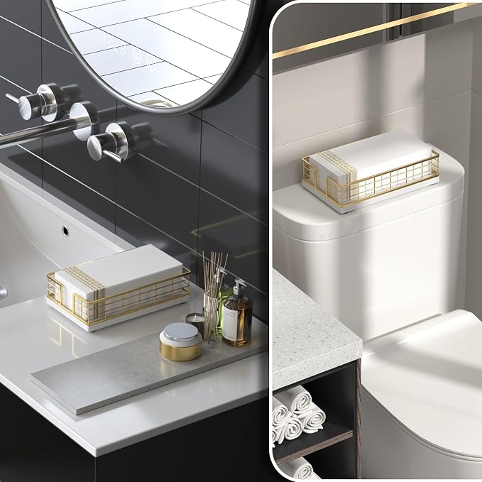 Wican Marble Guest Towel Holder Tray for Bathroom, Napkins Holder | Powder Room Dining Table Wooden Basket for Disposable Paper Hand Towels, Gold and Marble White - Image 2