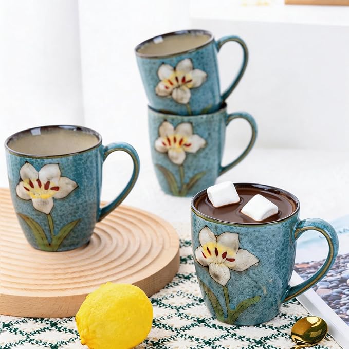 12oz Coffee Mugs Set of 4, Hand-Painted Floral Stoneware Cups with Handle, Dishwasher Microwave Oven Safe, Cappuccino Mugs for Latte, Tea, Espresso & Hot Cocoa, for Home Kitchen & Cafe, Blue - Image 7