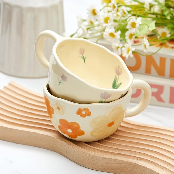 Vesici 2 Pcs Ceramic Coffee Mugs with Spoon, Vintage Floral Spring Mugs with Handle, 8.5 oz Aesthetic Flower Porcelain Tea Cup Set, Dishwasher & Microwave Safe Mothers Day Gifts for Mom(Charming) - Image 6