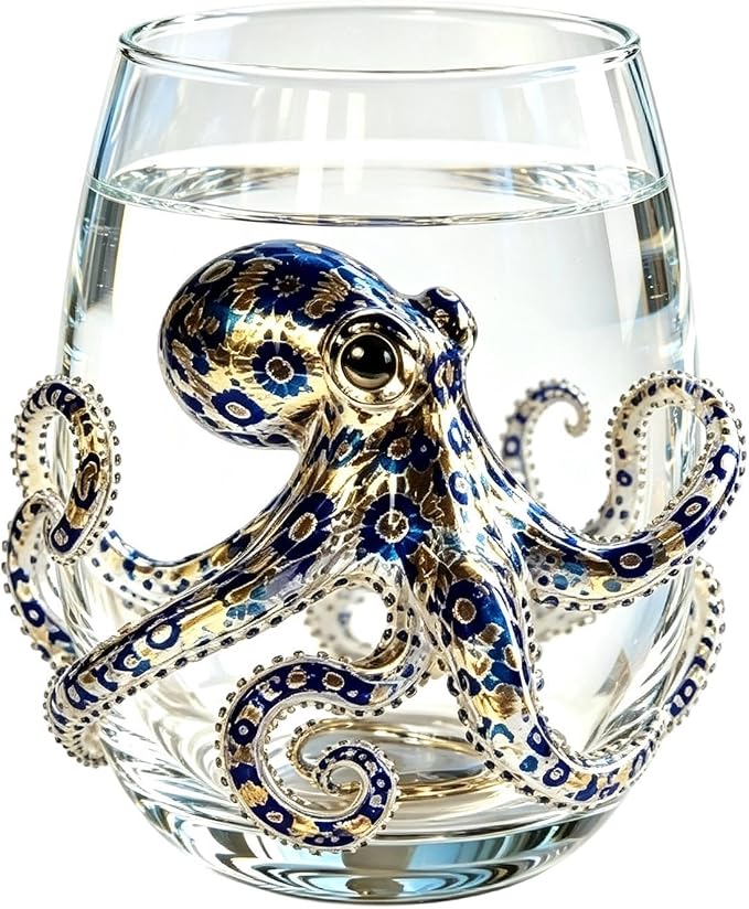 Octopus Glass with Marine Animal Prints, Versatile Coastal Tumbler | Artisanal Blue Ringed Octopus Glassware for Ice Water Juice Milk Coffee Housewarming Themed Party Home Bar by Unknown
