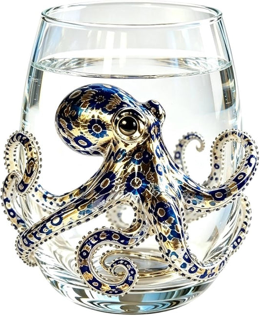 Octopus Glass with Marine Animal Prints, Versatile Coastal Tumbler | Artisanal Blue Ringed Octopus Glassware for Ice Water Juice Milk Coffee Housewarming Themed Party Home Bar by Unknown