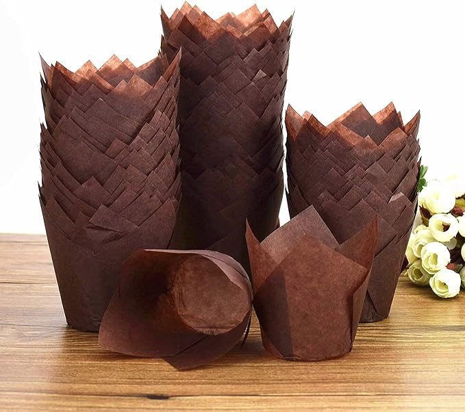 200pcs Tulip Cupcake Liners, Standard Greaseproof Paper Baking Cups Muffin Liners Holders Perfect for Bridal Showers, Baby Showers, Birthday Parties, Banquets, and Catering Events (Brown) - Image 3