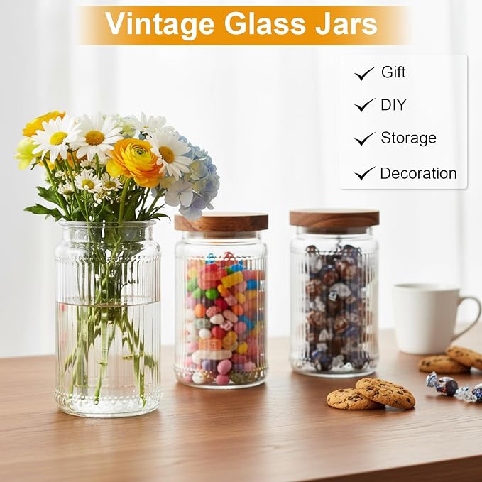 6 Pcs 1000ml/34 oz Vintage Glass Storage Jar Glass Containers with Wood Lid Ribbed Pattern Airtight Kitchen Spice Containers for Pantry, Coffee Bean, Grains, Tea, Sugar, Flour, Candy, Oats - Image 5