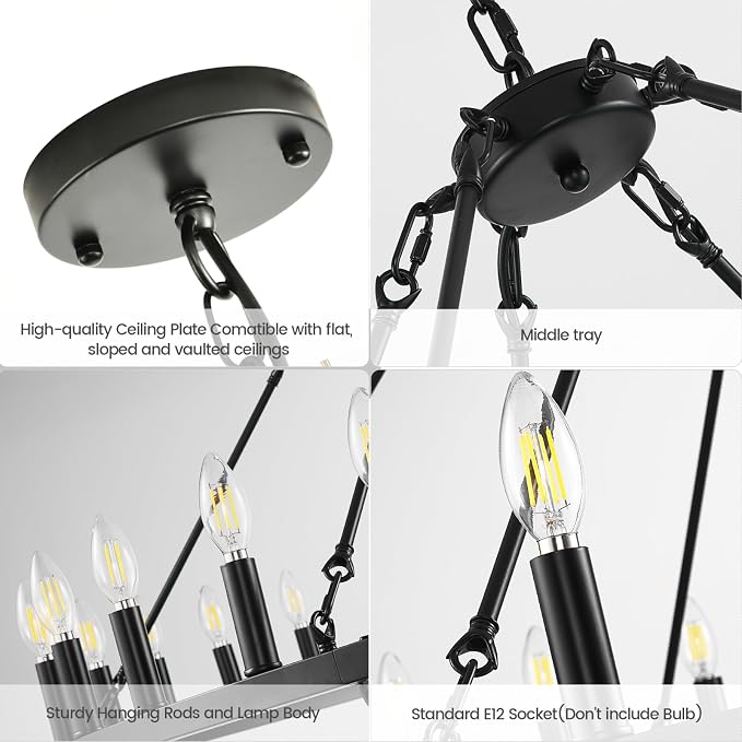 55 Inch Black Wagon Wheel Chandelier, 2 Tier 48-Lights Farmhouse Chandelier for Living Room, Round Rustic Dining Room Light Fixture, Extra Large Foyer Chandeliers for High Ceilings, for Entryway - Image 4