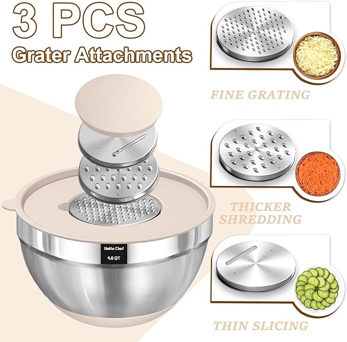 Umite Chef Mixing Bowls with Airtight Lids Set, 8PCS Stainless Steel Nesting Bowls with Grater Attachments, Non-Slip Bottoms, 5, 4, 3.5, 2, 1.5QT for Mixing & Serving - Image 3
