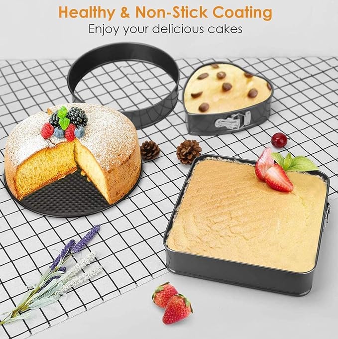 Springform Cake Pan Set of 3 (7, 8, 9 Inch) Heart Round Square Baking Pans Nonstick Cheesecake Pans with Removable Bottom Stainless Steel Bakeware for Cake, Mousse - Image 6
