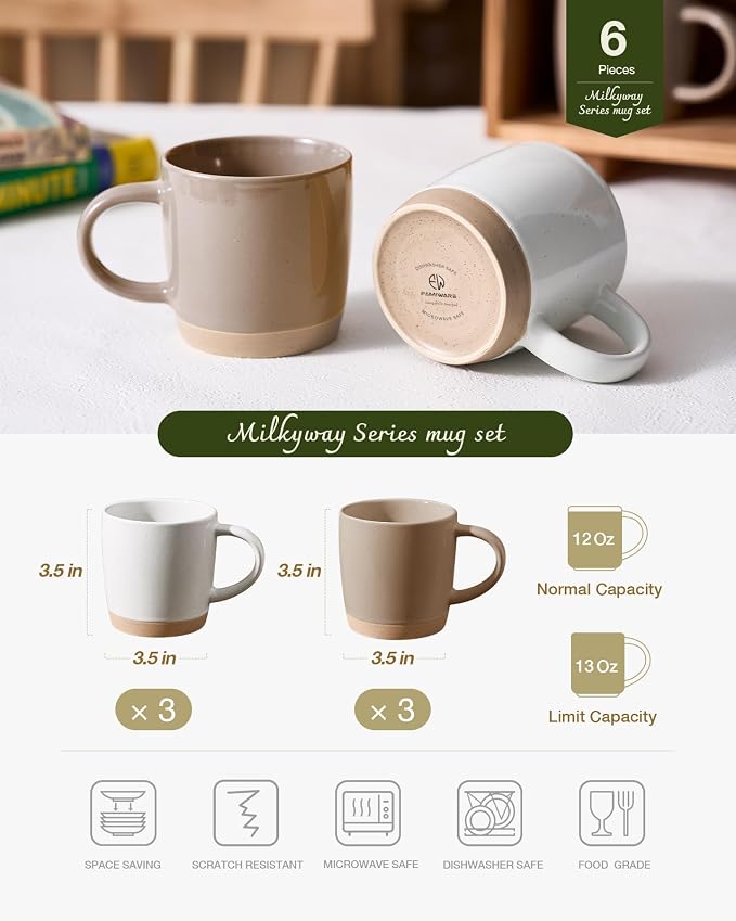 famiware Coffee Mugs for 6, 13 oz Mug Set, Dringking Cup with Handle for Coffee, Tea, Cocoa, Milk, Milkyway Serise, White+Cinnamon Brown - Image 4