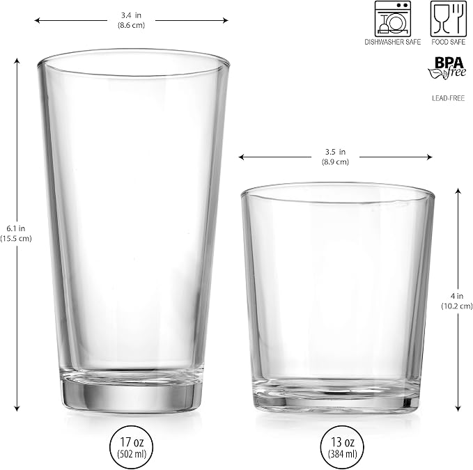 Glaver's Drinking Glasses Set of 12. Glassware set, 6 Highball Glass Cups, 6 Whiskey glasses. Classic Drinkware Set 17 oz Tall Glasses Set and 13 oz Rock Glasses. - Image 2