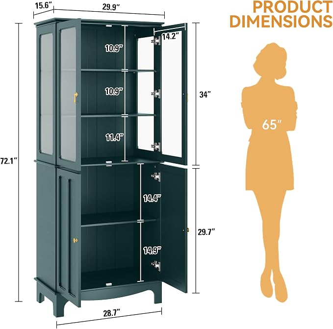 72" Tall Kitchen Pantry Cabinet with Glass Door and Adjustable Shelves, Vintage Food Storage Cabinet for Kitchen, Dining Room, Living Room, Teal - Image 2