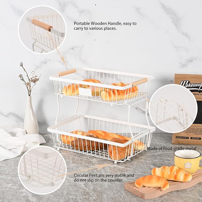 2 Tier Detachable Fruit Basket Bowl with 2 Banana Hangers, Fruit Stand Holder for Kitchen Countertop, Metal Wire Vegetable Storage Organizer, for Bread Snack Veggies Produce, White - Image 3