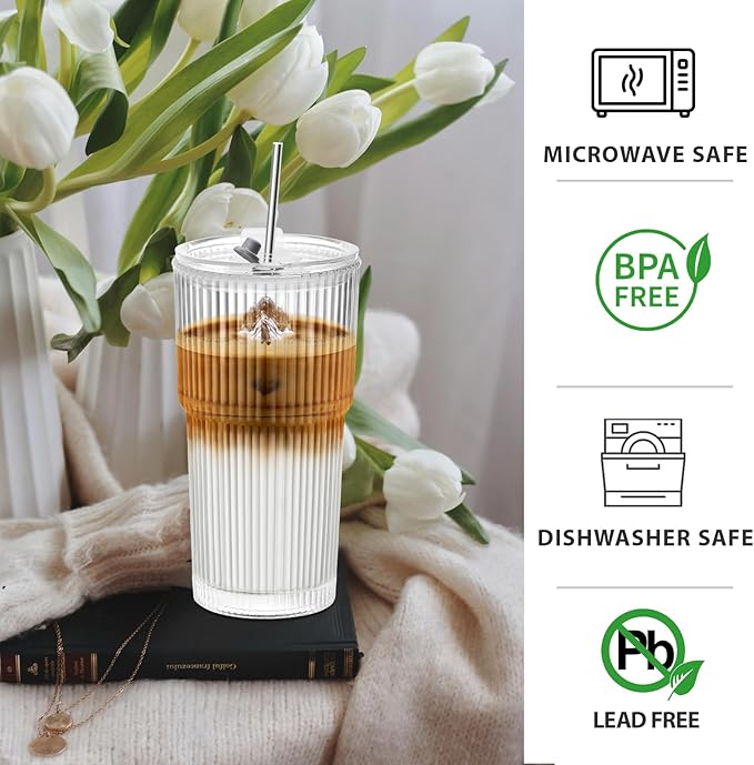 Iced Coffee Cups with Lids and Straws，20 OZ Glass Cups with Lids and Straws, Clear Ribbed Glass Tumbler Reusable Drinking Glasses for Matcha, Smoothie, Cocktail,Latte, 2 Pcs