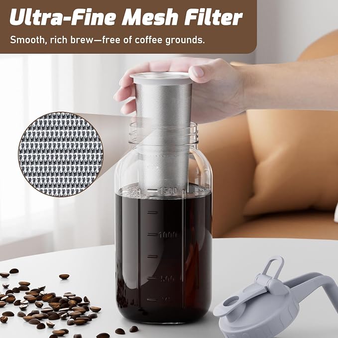 Cold Brew Coffee Maker, 64 oz Glass Mason Pitcher | 100μm stainless steel filter, wide mouth design, leak-proof lid with handle, pour spout for iced coffee, tea and cold drinks - Image 5