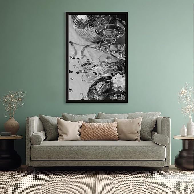 UXCBIA Disco Party, Champagne And Mirror Ball, Black And White, Wine Glasses Poster Canvas Poster Bedroom Decor Sports Landscape Office Room Decor Gift Black Frame 24x36in(60x90cm) - Image 5