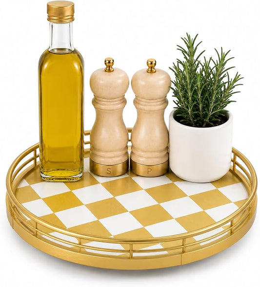 9-Inch Gold Lazy Susan Spice Organizer with Guard Rail | Smooth rotating oak tray with walnut finish for dining tables, kitchen counters, pantries and cabinet storage. by AMH