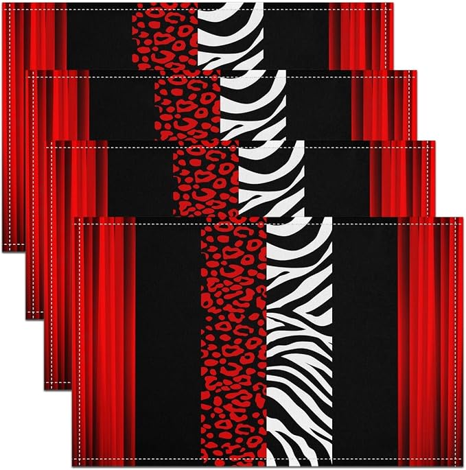 Feelyou Kids Leopard Zebra Placemats Set of 4 18"x12" Ombre Red Black Table Place Mats, Set for Decor Cheetah Placemat for Kitchen Dining Table Decor Indoor Outdoor Animal Print by Feelyou