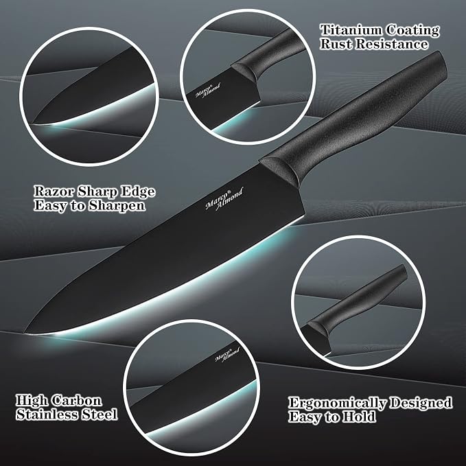 Marco Almond Kitchen Knife Set 12PC Kitchen Knives Set w Covers Black | 6 Knives with 6 Blade Guards, Stainless Steel Knives Set for Kitchen, Anti-Rust,Ergonomic Handle,Full Tang,Gift Box - Image 3