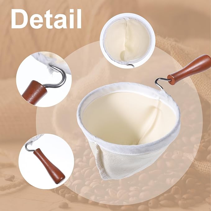 3PCS Coffee Sock Strainer with Wooden Handle, Washable Cloth Coffee Filter, Reusable Coffees Sock Filter for Coffees Shop Home Office Handmade